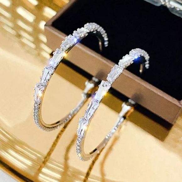 925 Sterling Silver White Sapphire Hoop Earrings - Picture 2 of 6